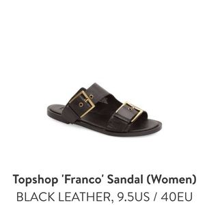 Two-strap sandal embellished with bold buckles.